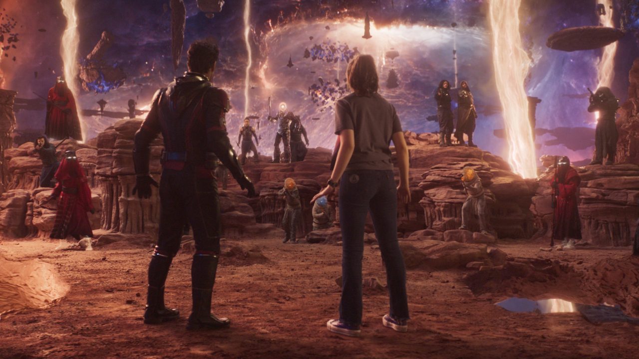 (L-R): Paul Rudd as Scott Lang/Ant-Man and Kathryn Newton as Cassandra "Cassie" Lang in Marvel Studios' ANT-MAN AND THE WASP: QUANTUMANIA. Photo courtesy of Marvel Studios. © 2022 MARVEL.