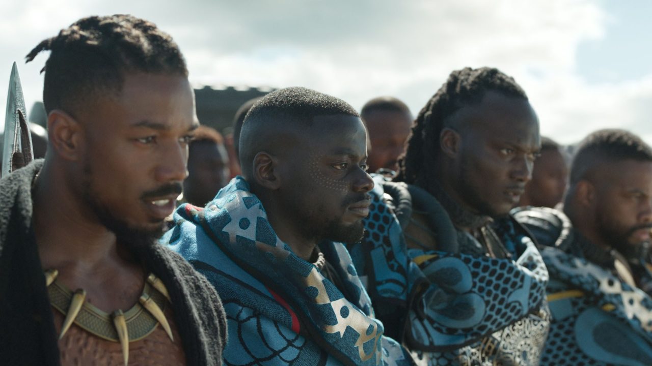 Marvel Studios' BLACK PANTHER..L to R: Erik Killmonger (Michael B. Jordan) and W'Kabi (Daniel Kaluuya) with some of his border tribesman...Ph: Film Frame..©Marvel Studios 2018