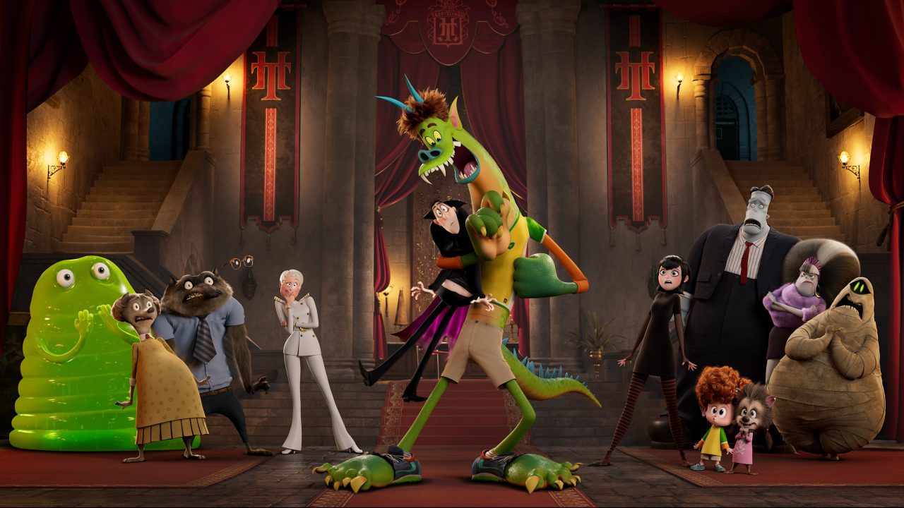 Blobby, Wanda (Molly Shannon), Wayne Steve Buscemi), Griffin the Invisible Man (David Spade), Ericka (Kathryn Hahn), Dracula (Brian Hull), Jonathan (Andy Samberg), Mavis (Selena Gomez), Frank (Brad Abrell), Eunice (Fran Drescher), Murray (Keegan-Michael Key) with Denis and Winnie in Columbia Pictures and Sony Pictures Animation's HOTEL TRANSYLVANIA: TRANSFORMANIA.