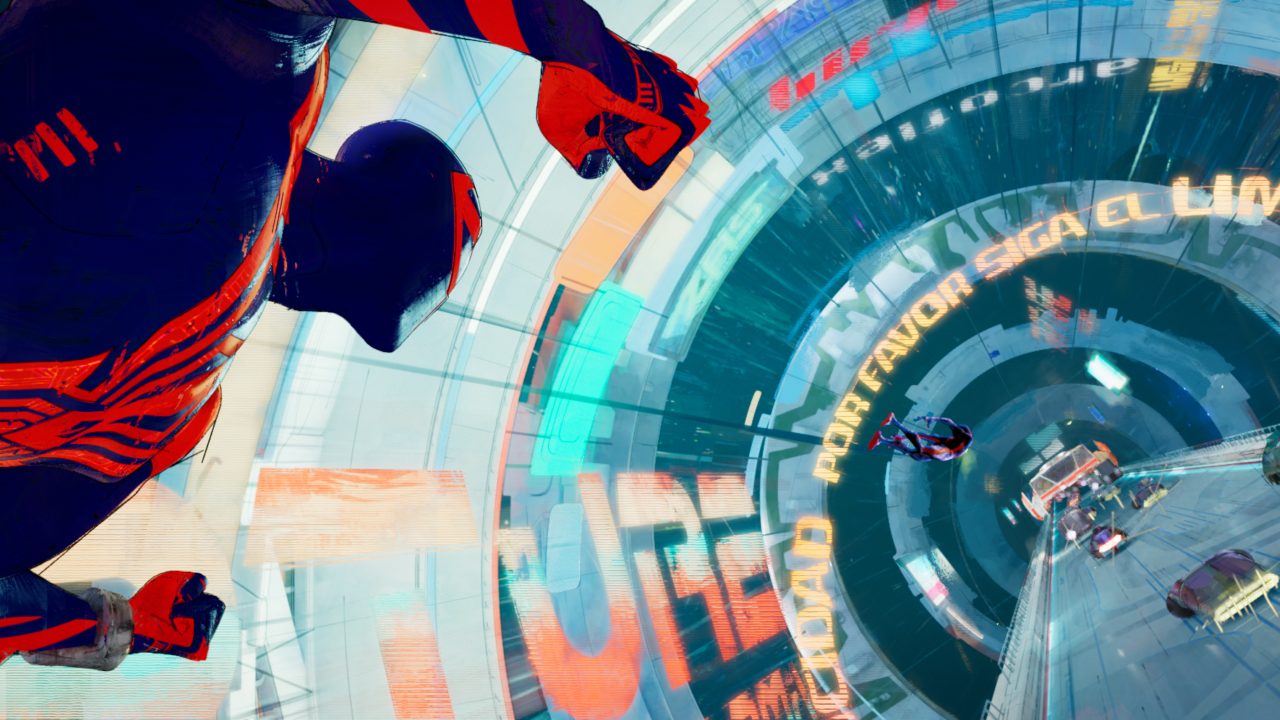 Spider-Man 2099 (Oscar Isaac) and Miles Morales (Shameik Moore) in Columbia Pictures and Sony Pictures Animation's SPIDER-MAN™: ACROSS THE SPIDER-VERSE (PART ONE).