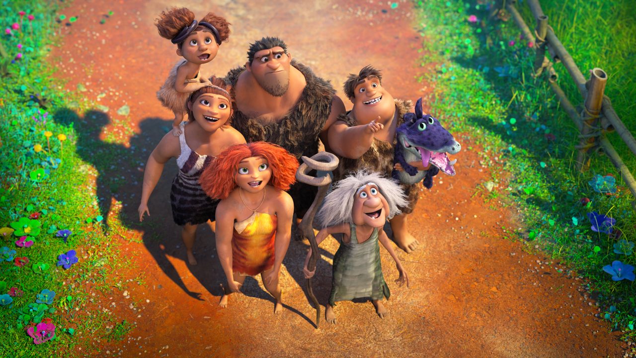 (clockwise, from top left) Sandy Crood (Kailey Crawford), Grug Crood (Nicolas Cage), Thunk Crood (Clark Duke), Gran (Cloris Leachman), Eep Crood (Emma Stone) and Ugga Crood (Catherine Keener) in DreamWorks Animation's The Croods: A New Age, directed by Joel Crawford.