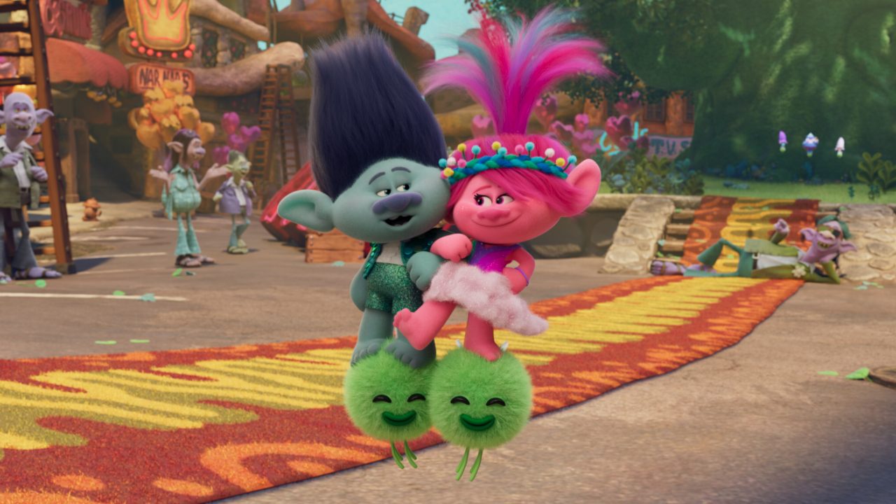 (from left) Branch (Justin Timberlake) and Poppy (Anna Kendrick) in Trolls Band Together, directed by Walt Dohrn.