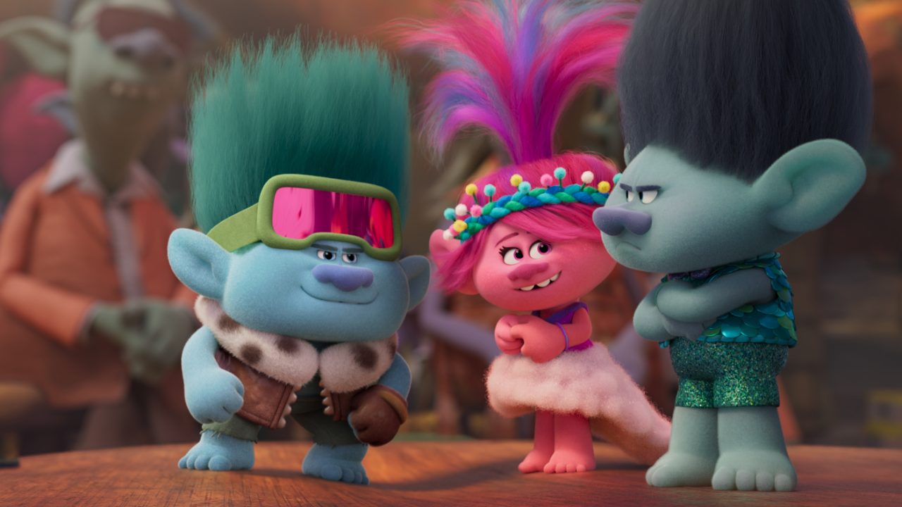 (from left) John Dory (Eric Andre), Poppy (Anna Kendrick) and Branch (Justin Timberlake) in Trolls Band Together, directed by Walt Dohrn.