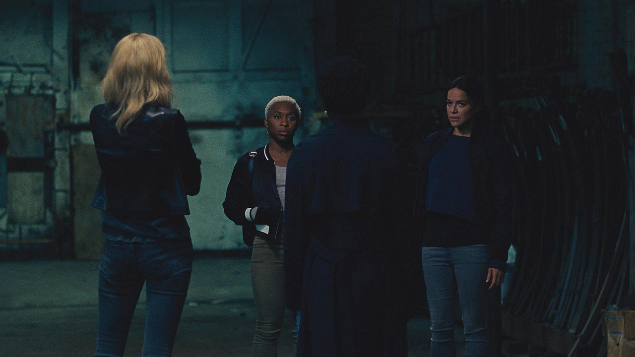 L-R: Elizabeth Debicki (back to camera), Cynthia Erivo, Viola Davis (back to camera), and Michelle Rodriguez star in Twentieth Century Fox’s WIDOWS. Photo Credit: Courtesy Twentieth Century Fox.