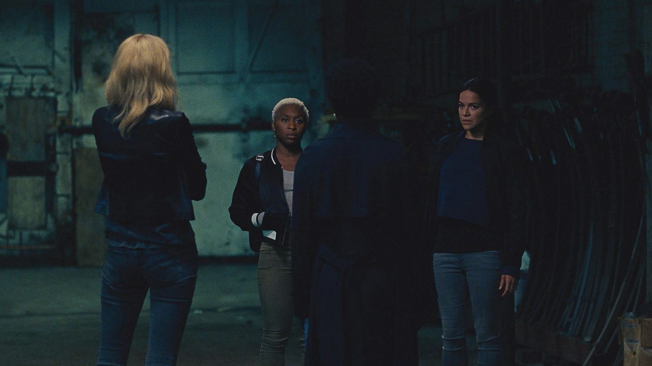 L-R: Elizabeth Debicki (back to camera), Cynthia Erivo, Viola Davis (back to camera), and Michelle Rodriguez star in Twentieth Century Fox’s WIDOWS. Photo Credit: Courtesy Twentieth Century Fox.