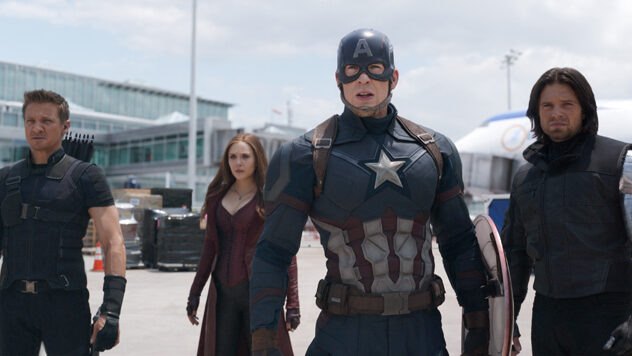 Marvel's Captain America: Civil War..L to R: Hawkeye/Clint Barton (Jeremy Renner), Scarlet Witch/Wanda Maximoff (Elizabeth Olsen), Captain America/Steve Rogers (Chris Evans), and Winter Soldier/Bucky Barnes (Sebastian Stan)..Photo Credit: Film Frame..? Marvel 2016