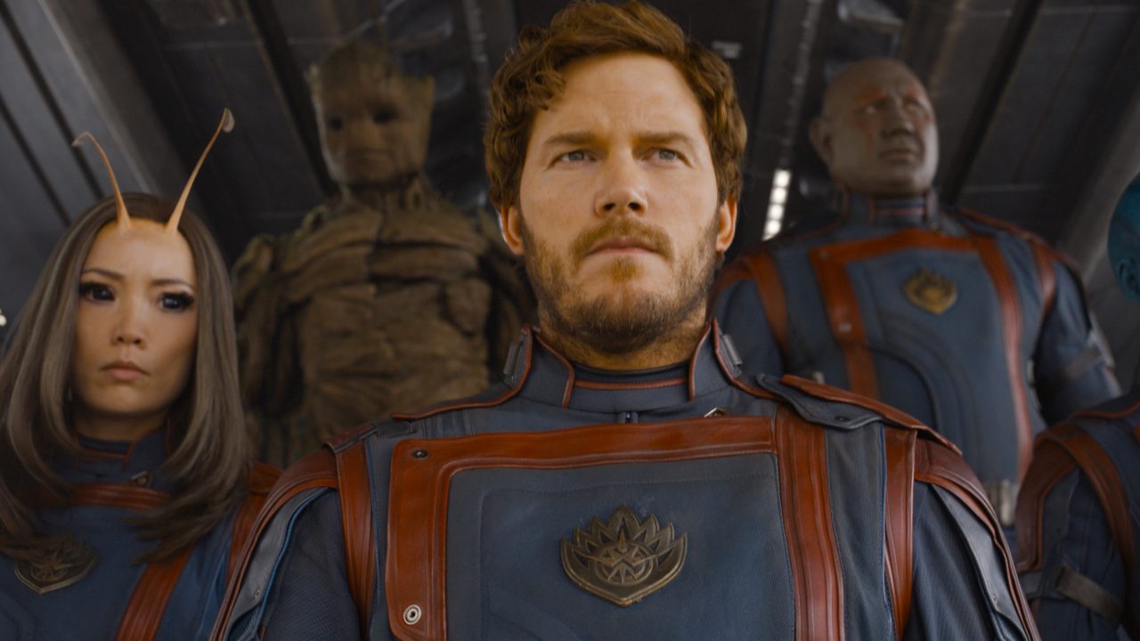(L-R): Pom Klementieff as Mantis, Groot (voiced by Vin Diesel), Chris Pratt as Peter Quill/Star-Lord, Dave Bautista as Drax, Karen Gillan as Nebula in Marvel Studios' Guardians of the Galaxy Vol. 3. Photo courtesy of Marvel Studios. © 2022 MARVEL.