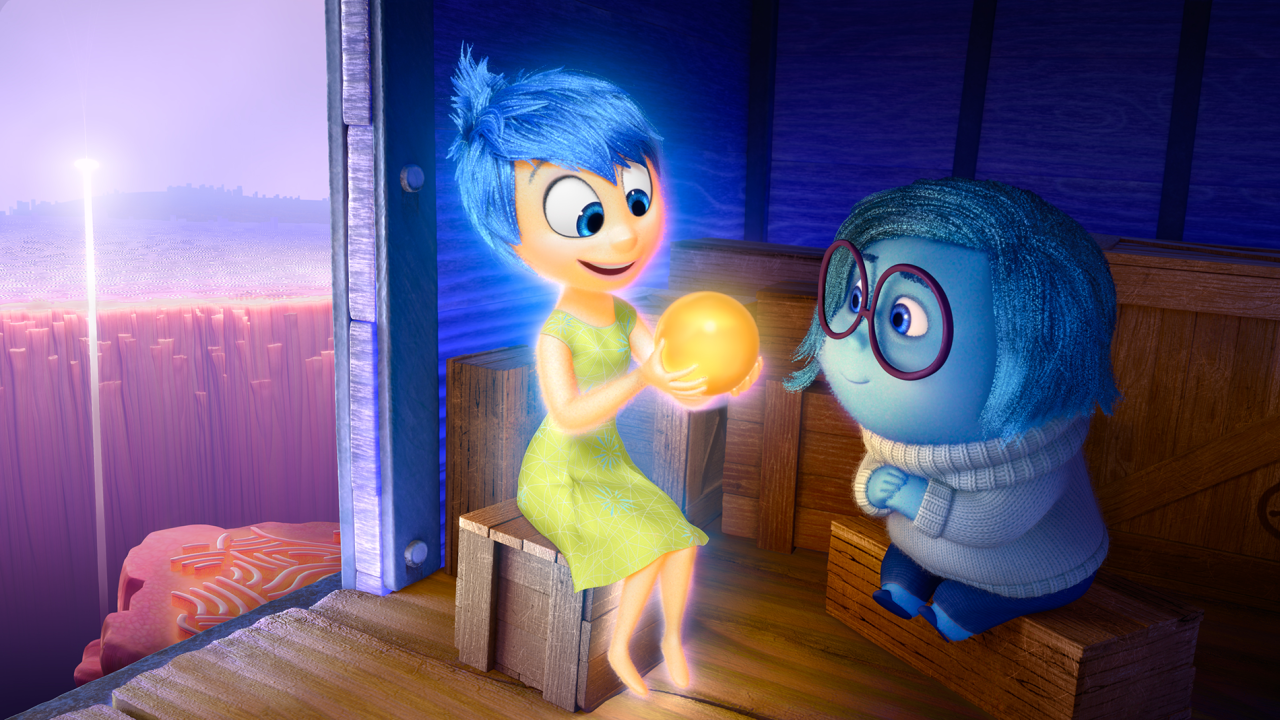 Joy (voice of Amy Poehler) and Sadness (voice of Phyllis Smith) catch a ride on the Train of Thought in Disney•Pixar's "Inside Out." Directed by Pete Docter (“Monsters, Inc.,” “Up”), "Inside Out" opens in theaters nationwide June 19, 2015. ©2014 Disney•Pixar. All Rights Reserved.