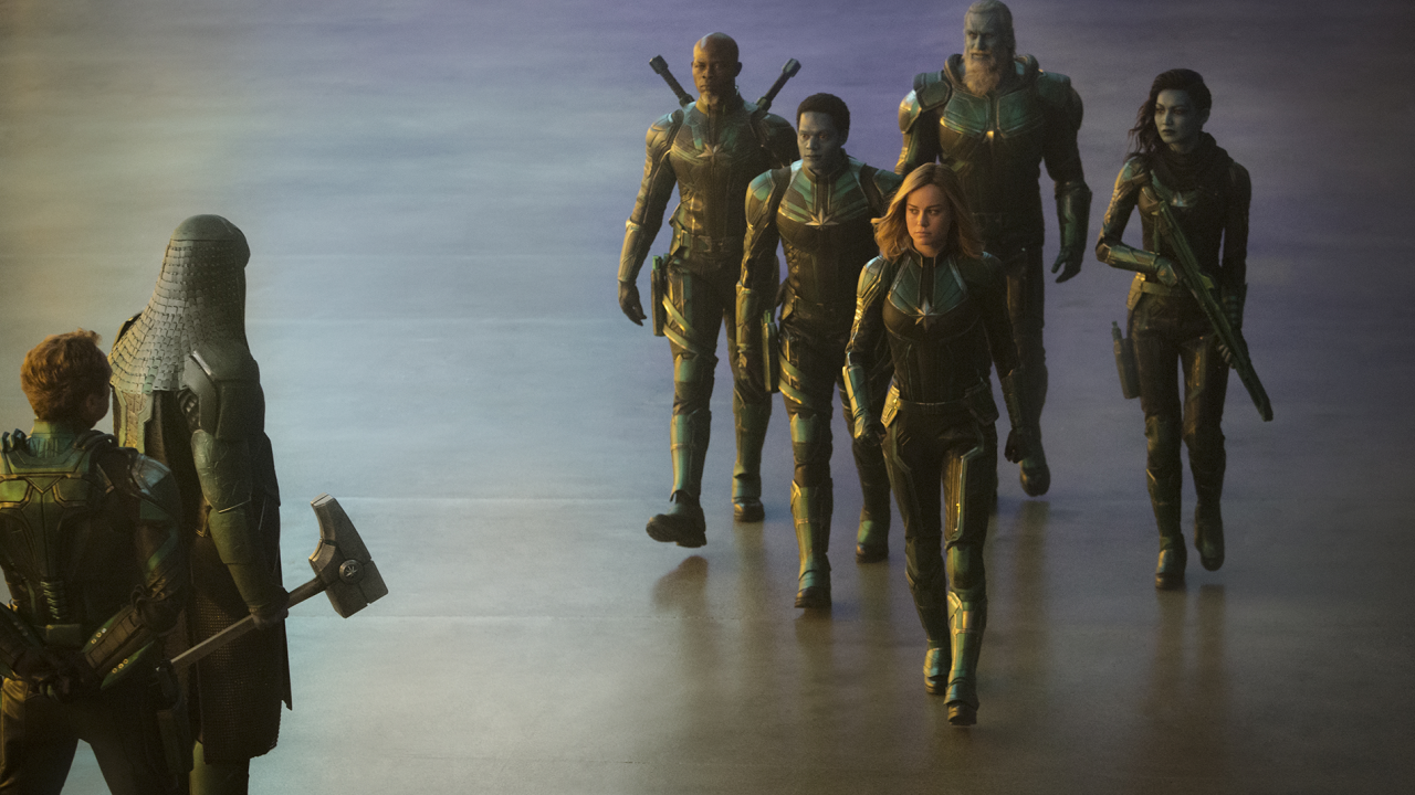 Marvel Studios' CAPTAIN MARVEL..L to R: Leader of Starforce (Jude Law), Ronan (Lee Pace), Korath (Djimon Hounsou), Att-Lass (Algenis Perez Soto), Carol Danvers/Captain Marvel (Brie Larson), Bron-Char (Rune Temte) and Minn-Erva (Gemma Chan)..Photo: Chuck Zlotnick..©Marvel Studios 2019