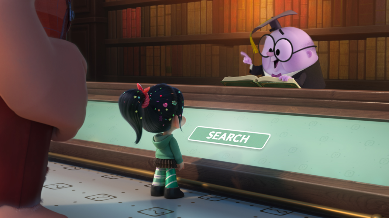 ASK ME ANYTHING – When video game bad guy Ralph and fellow misfit Vanellope von Schweetz find themselves in the expansive world of the internet, they turn to a search engine named KnowsMore – literally a know-it-all - for answers in hopes of tracking down a replacement part for Vanellope’s game Sugar Rush. He frequently gets ahead of himself, finishing people’s sentences in an attempt to guess what they’re going to say. Featuring the voices of John C. Reilly as Ralph, Sarah Silverman as Vanellope and Alan Tudyk as the voice of KnowsMore, “Ralph Breaks the Internet: Wreck It Ralph 2,”opens in theaters nationwide Nov. 21, 2018...©2018 Disney. All Rights Reserved.