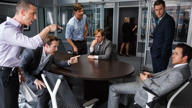 Left to right: Jeremy Strong plays Vinnie Daniel, Rafe Spall plays Danny Moses, Hamish Linklater plays Porter Collins, Steve Carell plays Mark Baum, Jeffry Griffin plays Chris and Ryan Gosling plays Jared Vennett in The Big Short from Paramount Pictures and Regency Enterprises