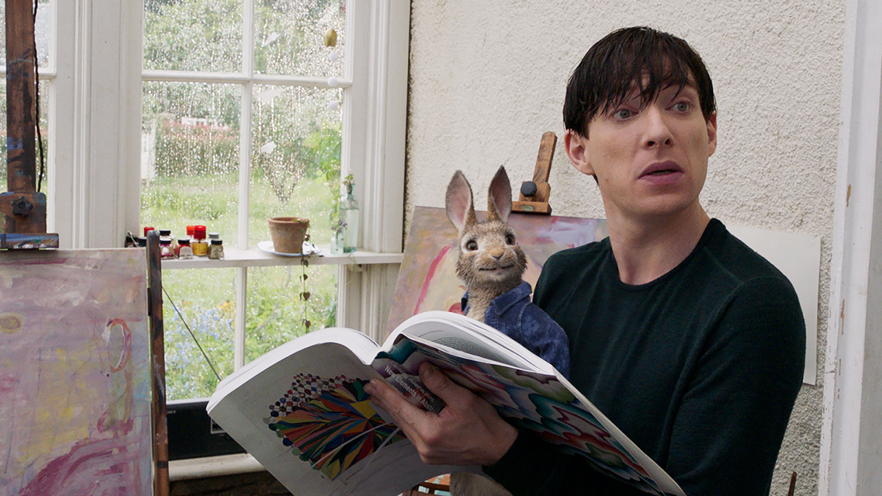 Peter Rabbit (James Corden) with Mr. McGregor (Domhnall Gleeson) in Columbia Pictures' PETER RABBIT.