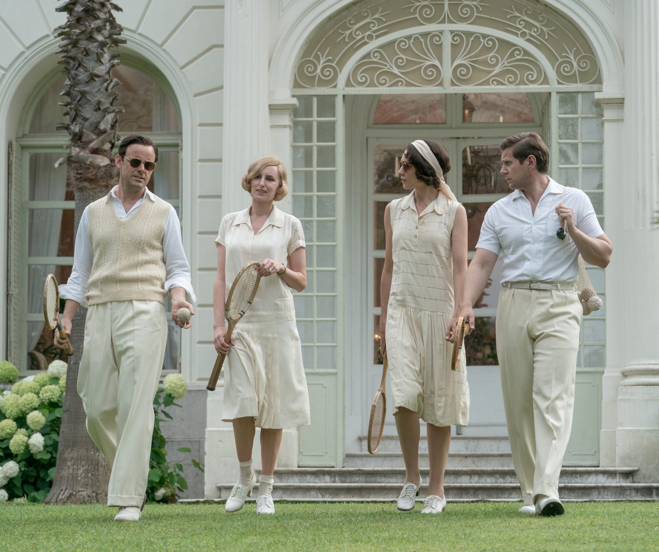 4178_D054_01693-01700_RCC
(l-r.) Harry Hadden-Paton stars as Bertie Pelham, Laura Carmichael as Lady Edith, Tuppence Middleton as Lucy Smith and Allen Leech as Tom Branson in DOWNTON ABBEY: A New Era, a Focus Features release.  
Credit: Ben Blackall / © 2021 Focus Features, LLC