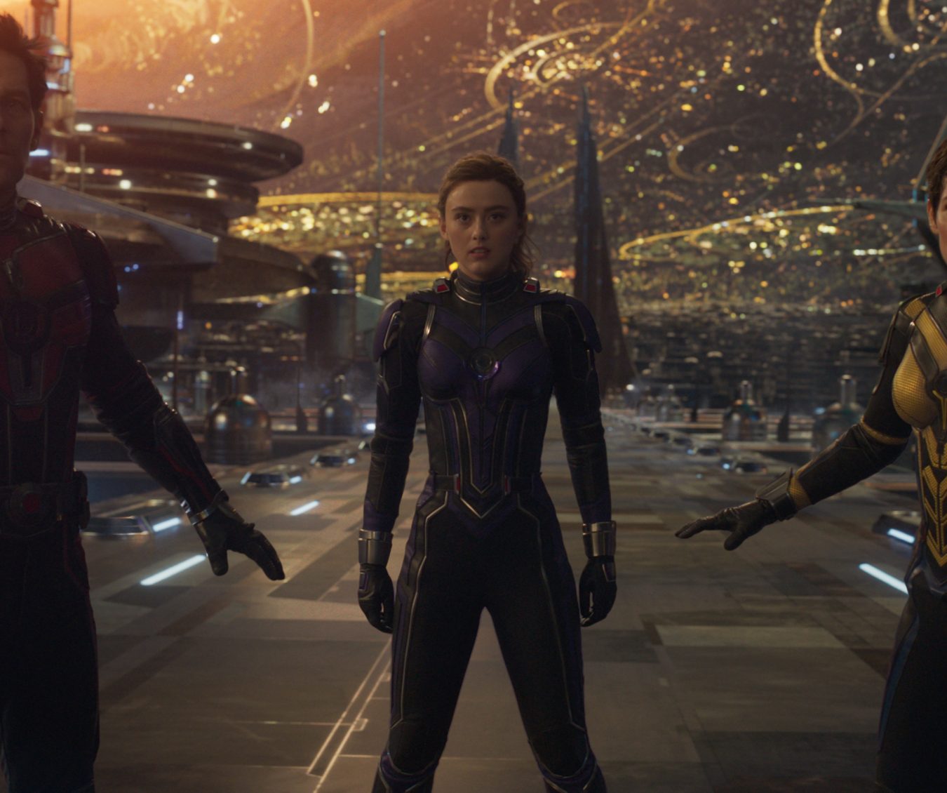 (L-R): Paul Rudd as Scott Lang/Ant-Man, Kathryn Newton as Cassandra "Cassie" Lang, Evangeline Lilly as Hope Van Dyne/Wasp in Marvel Studios' ANT-MAN AND THE WASP: QUANTUMANIA. Photo courtesy of Marvel Studios. © 2022 MARVEL.