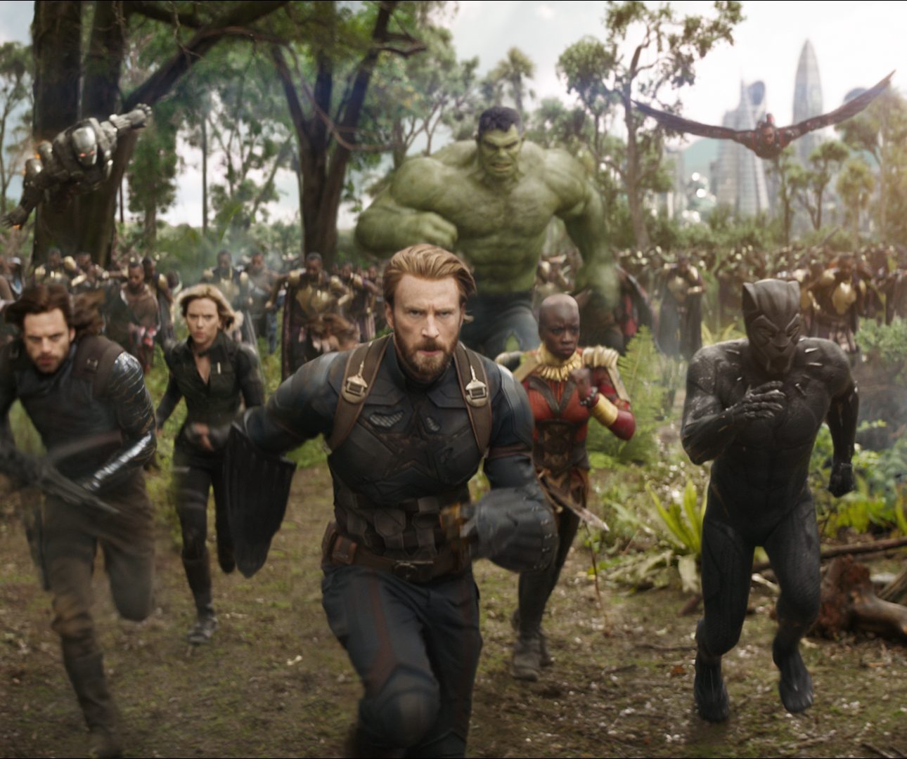 Marvel Studios' AVENGERS: INFINITY WAR

L to R: War Machine (Don Cheadle), Winter Soldier/Bucky Barnes (Sebastian Stan), Black Widow/Natasha Romanoff (Scarlet Johansson), Captain America/Steve Rogers (Chris Evans), Hulk (Mark Ruffalo), Okoye (Danai Gurira), Falcon (Anthony Mackie) and Black Panther/T'Challa (Chadwick Boseman)

Photo: Film Frame

©Marvel Studios 2018
