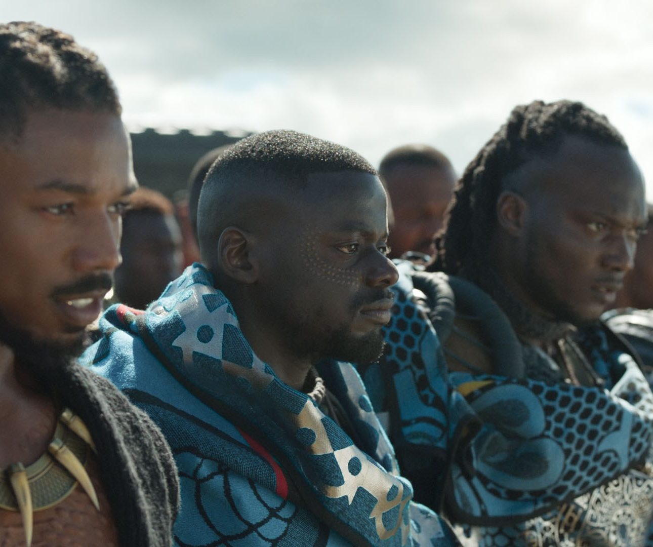 Marvel Studios' BLACK PANTHER..L to R: Erik Killmonger (Michael B. Jordan) and W'Kabi (Daniel Kaluuya) with some of his border tribesman...Ph: Film Frame..©Marvel Studios 2018