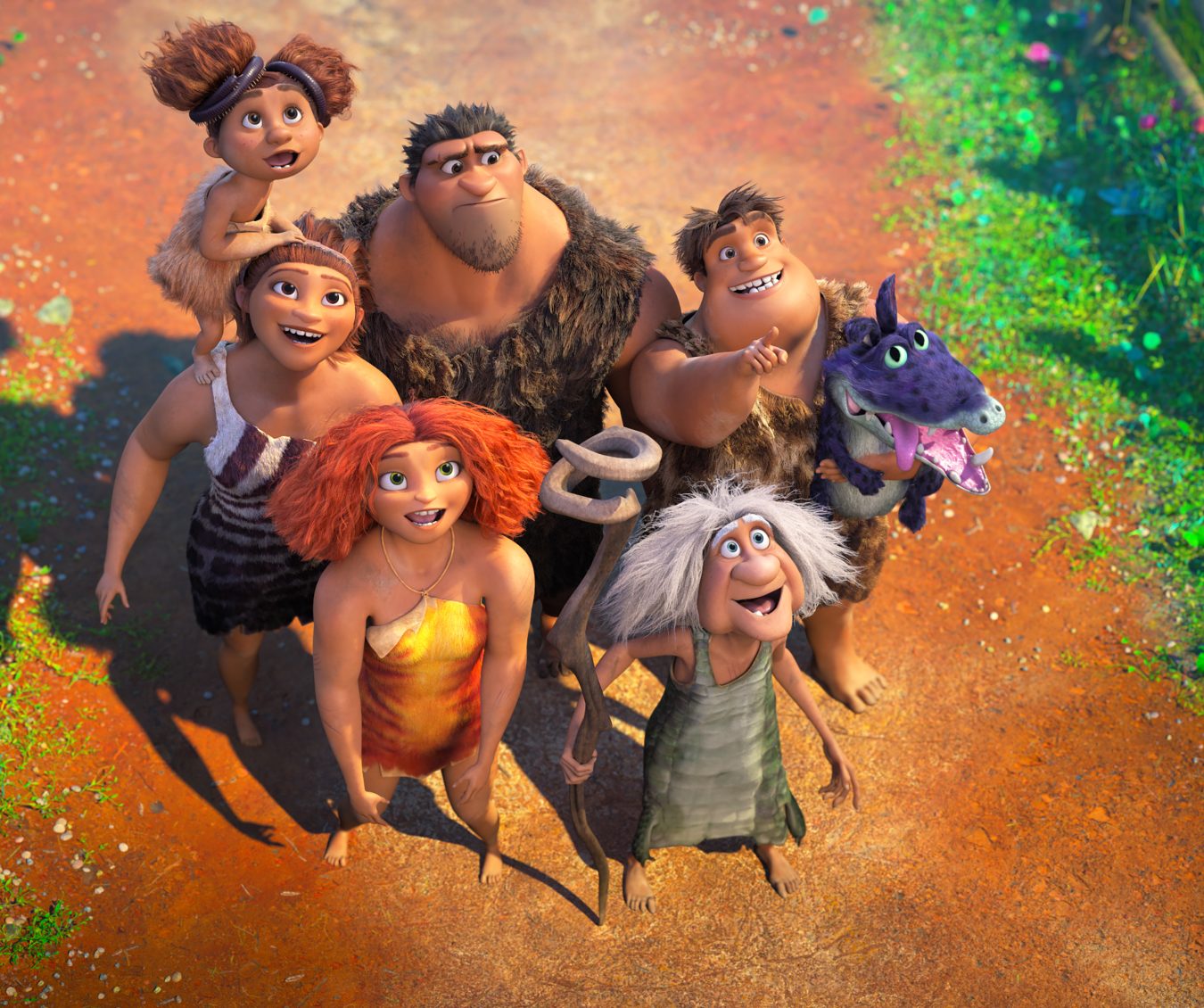 (clockwise, from top left) Sandy Crood (Kailey Crawford), Grug Crood (Nicolas Cage), Thunk Crood (Clark Duke), Gran (Cloris Leachman), Eep Crood (Emma Stone) and Ugga Crood (Catherine Keener) in DreamWorks Animation's The Croods: A New Age, directed by Joel Crawford.