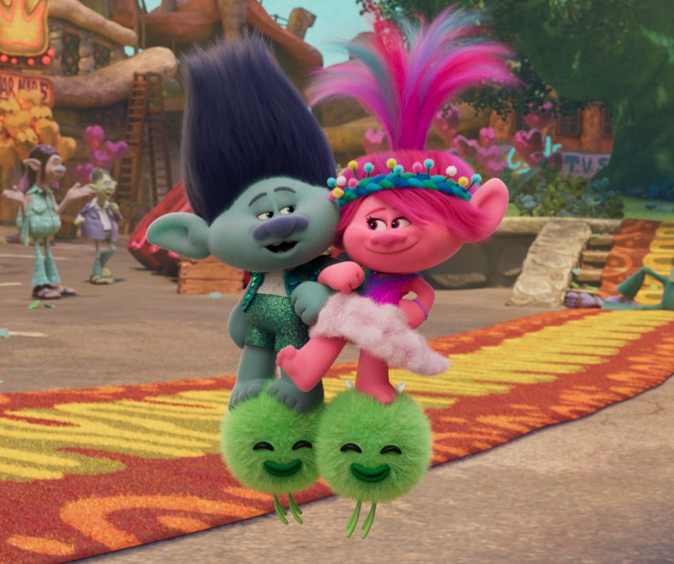 (from left) Branch (Justin Timberlake) and Poppy (Anna Kendrick) in Trolls Band Together, directed by Walt Dohrn.