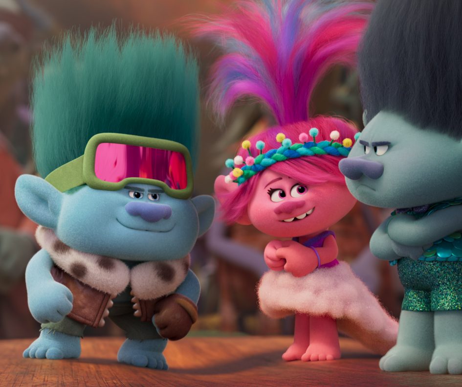 (from left) John Dory (Eric Andre), Poppy (Anna Kendrick) and Branch (Justin Timberlake) in Trolls Band Together, directed by Walt Dohrn.
