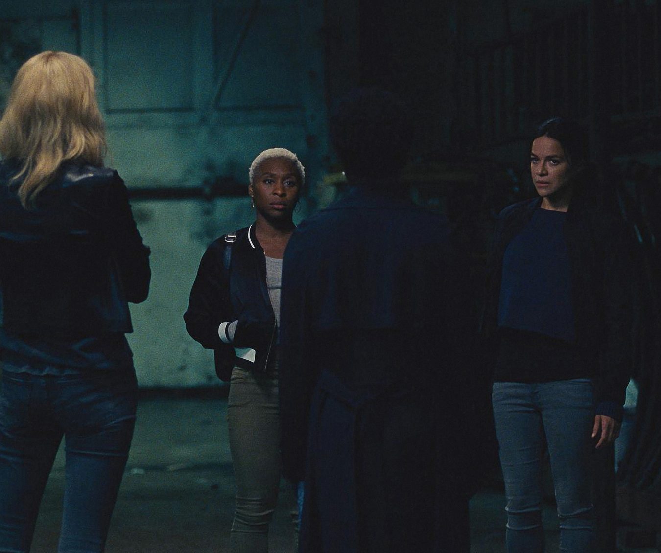 L-R: Elizabeth Debicki (back to camera), Cynthia Erivo, Viola Davis (back to camera), and Michelle Rodriguez star in Twentieth Century Fox’s WIDOWS. Photo Credit: Courtesy Twentieth Century Fox.