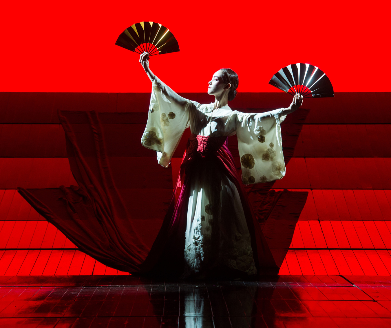 Madam Butterfly - English National Opera. Directed by Anthony Mikghella, Revival Director  Sarah Tipple
Conductor, Richard Armstrong. 

Rena Harms as Madam Butterfly
David Butt Philip as Pinkerton
George von Bergen as Sharpless
Alun Rhys Jenkins as Goro
Matthew Durkan as Prince Yamadori
and Stephanie Windsor-Lewis as Suzuki