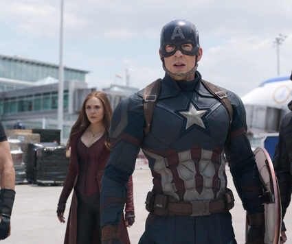 Marvel's Captain America: Civil War..L to R: Hawkeye/Clint Barton (Jeremy Renner), Scarlet Witch/Wanda Maximoff (Elizabeth Olsen), Captain America/Steve Rogers (Chris Evans), and Winter Soldier/Bucky Barnes (Sebastian Stan)..Photo Credit: Film Frame..? Marvel 2016