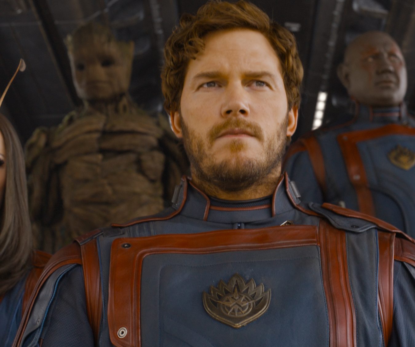 (L-R): Pom Klementieff as Mantis, Groot (voiced by Vin Diesel), Chris Pratt as Peter Quill/Star-Lord, Dave Bautista as Drax, Karen Gillan as Nebula in Marvel Studios' Guardians of the Galaxy Vol. 3. Photo courtesy of Marvel Studios. © 2022 MARVEL.