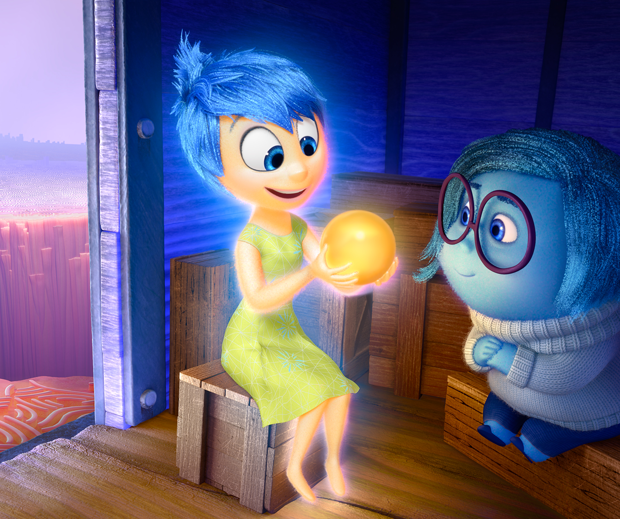 Joy (voice of Amy Poehler) and Sadness (voice of Phyllis Smith) catch a ride on the Train of Thought in Disney•Pixar's "Inside Out." Directed by Pete Docter (“Monsters, Inc.,” “Up”), "Inside Out" opens in theaters nationwide June 19, 2015. ©2014 Disney•Pixar. All Rights Reserved.