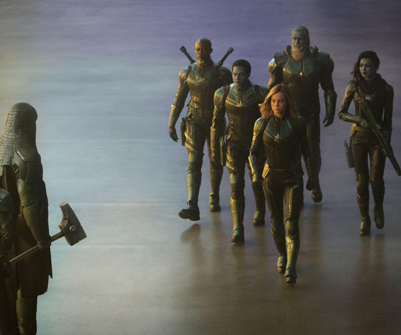 Marvel Studios' CAPTAIN MARVEL..L to R: Leader of Starforce (Jude Law), Ronan (Lee Pace), Korath (Djimon Hounsou), Att-Lass (Algenis Perez Soto), Carol Danvers/Captain Marvel (Brie Larson), Bron-Char (Rune Temte) and Minn-Erva (Gemma Chan)..Photo: Chuck Zlotnick..©Marvel Studios 2019
