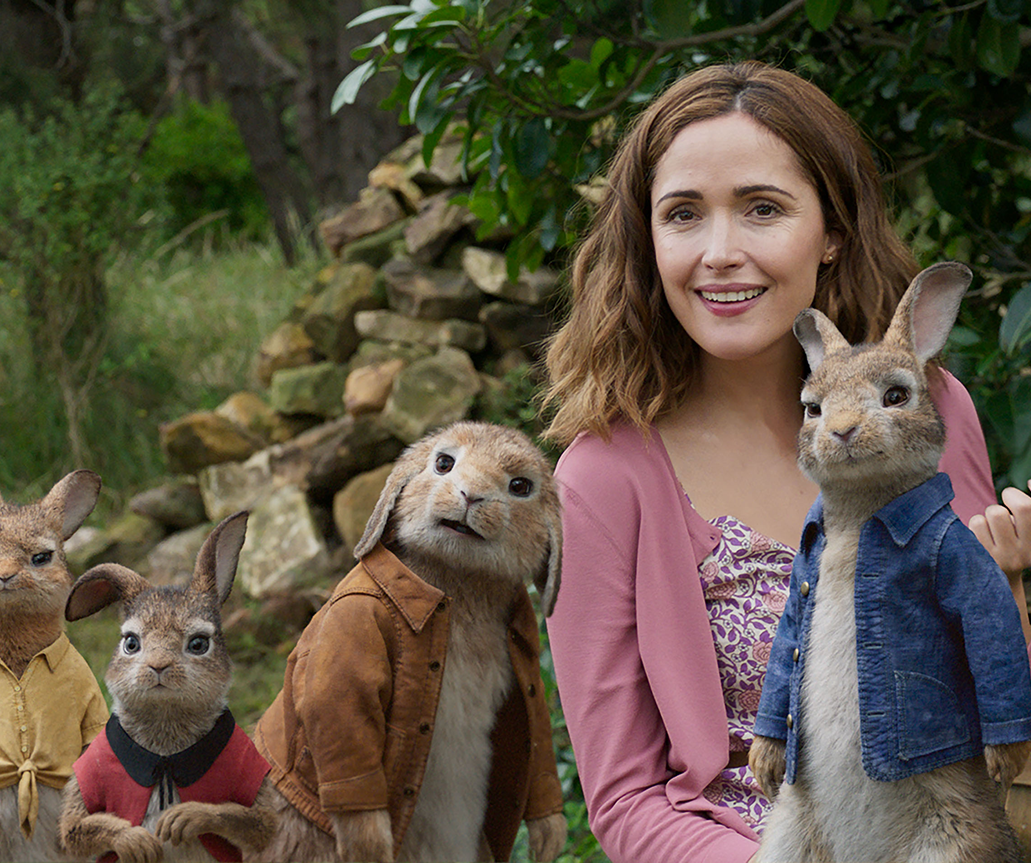 Mopsy (Elizabeth Debicki), Flopsy (Margot Robbie),  Benjamin, Bea (Rose Byrne), Peter Rabbit (James Corden) and Cottontail (Daisy Ridley) in Columbia Pictures' PETER RABBIT.
