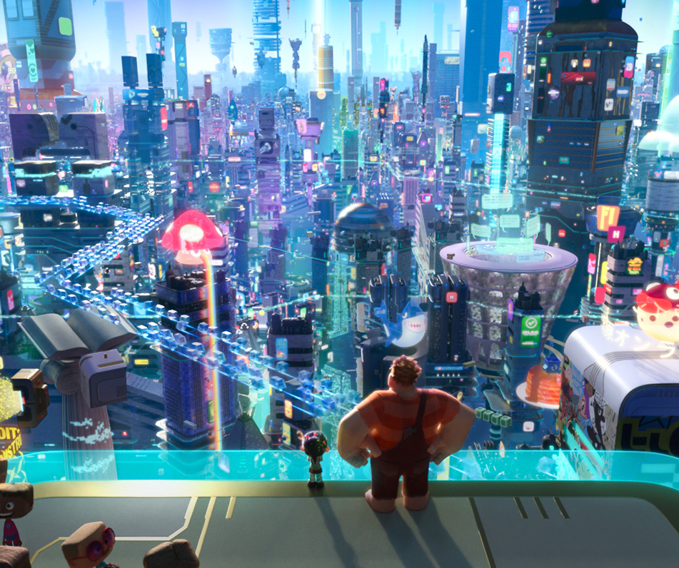 INTO THE INTERNET – In “Ralph Breaks the Internet: Wreck-It Ralph 2,” Vanellope von Schweetz and Wreck-It Ralph leave the arcade world behind to explore the uncharted and thrilling world of the internet. In this image, Vanellope and Ralph have a breathtaking view of the world wide web, a seemingly never-ending metropolis filled with websites, apps and social media networks. On a quest to save Vanellope’s game, how will these two misfits ever succeed in this vast new world?  Featuring the voices of Sarah Silverman as Vanellope and John C. Reilly as Ralph, Walt Disney Animation Studios’ “Ralph Breaks the Internet: Wreck-It Ralph 2” opens in U.S. theaters on Nov. 21, 2018. ©2018 Disney. All Rights Reserved.