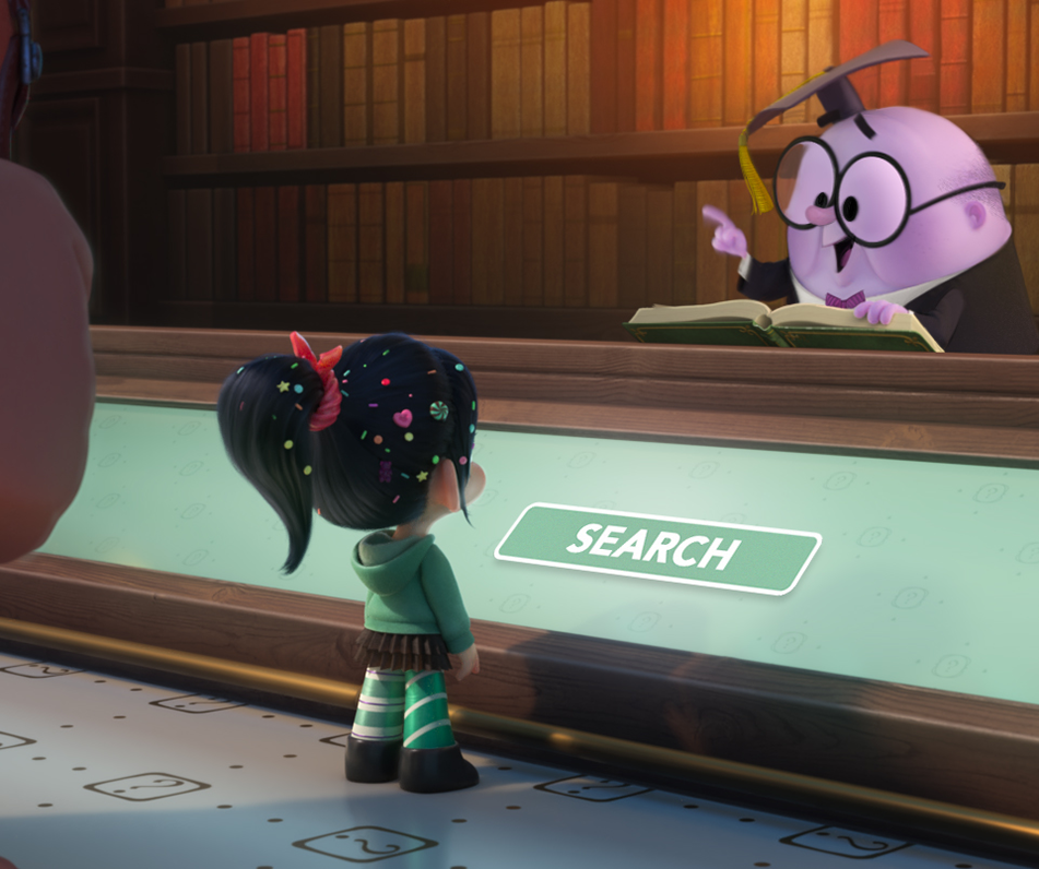 ASK ME ANYTHING – When video game bad guy Ralph and fellow misfit Vanellope von Schweetz find themselves in the expansive world of the internet, they turn to a search engine named KnowsMore – literally a know-it-all - for answers in hopes of tracking down a replacement part for Vanellope’s game Sugar Rush. He frequently gets ahead of himself, finishing people’s sentences in an attempt to guess what they’re going to say. Featuring the voices of John C. Reilly as Ralph, Sarah Silverman as Vanellope and Alan Tudyk as the voice of KnowsMore, “Ralph Breaks the Internet: Wreck It Ralph 2,”opens in theaters nationwide Nov. 21, 2018...©2018 Disney. All Rights Reserved.