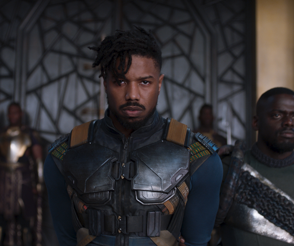 Marvel Studios' BLACK PANTHER..L to R: Erik Killmonger (Michael B. Jordan) and W'Kabi (Daniel Kaluuya)..Ph: Film Frame..©Marvel Studios 2018